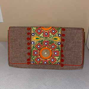 Roberta Roller Rabbit clutch purse handbag embellished burlap gold orange design